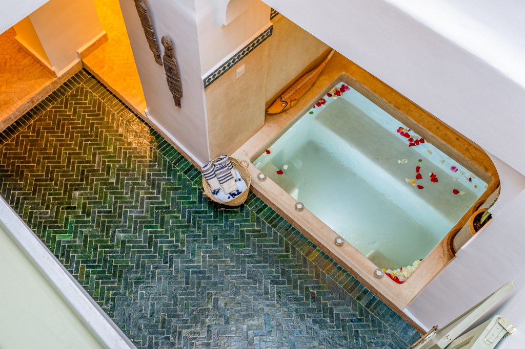 Looking down into courtyard of Riad Jewelbox.